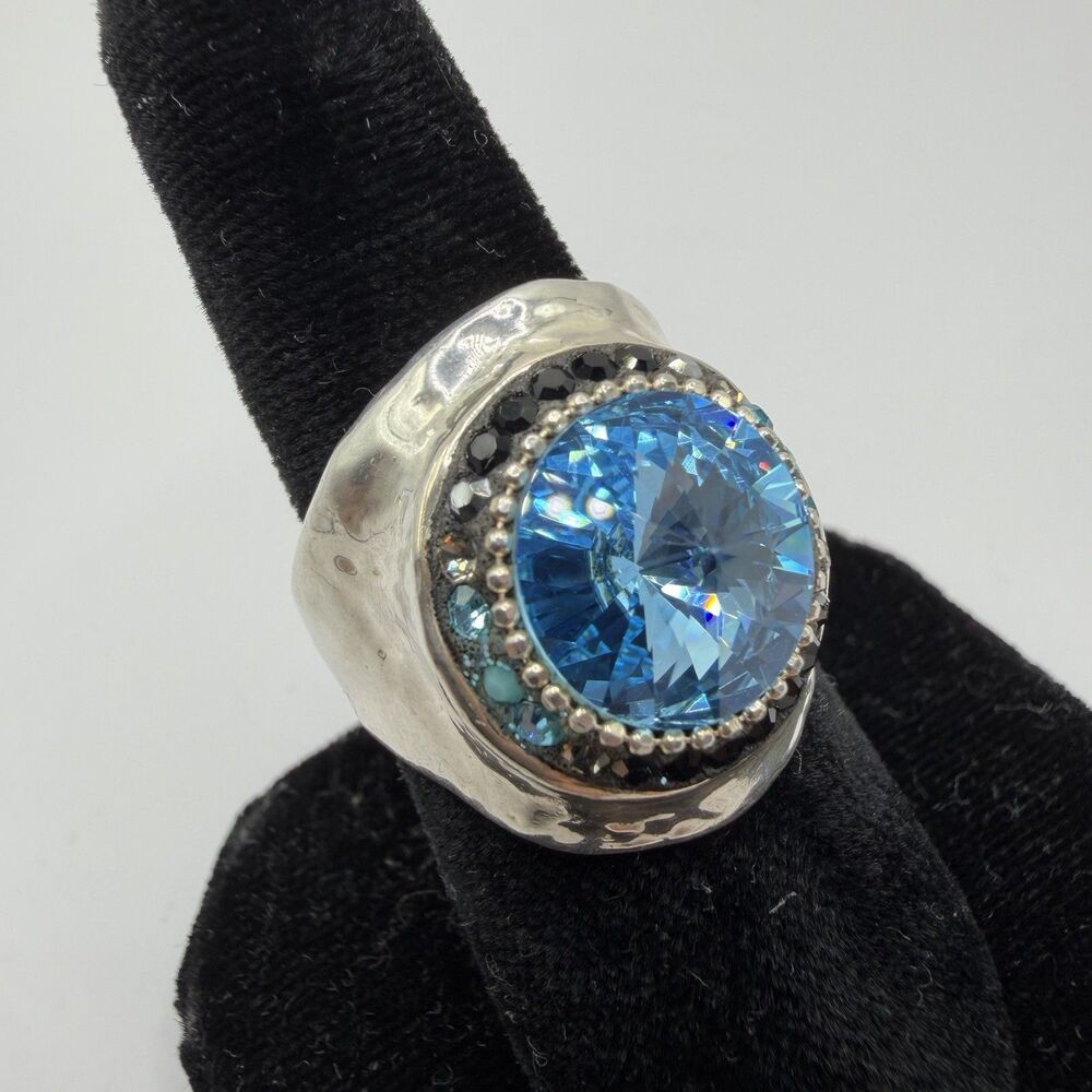 925 Sterling Silver Large Blue Crystal Statement Ring Size 7 6.2g